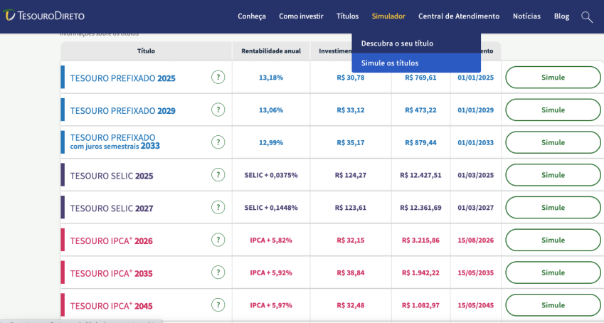 / Tela de simulação para investir em Tesouro Direto (site oficial).