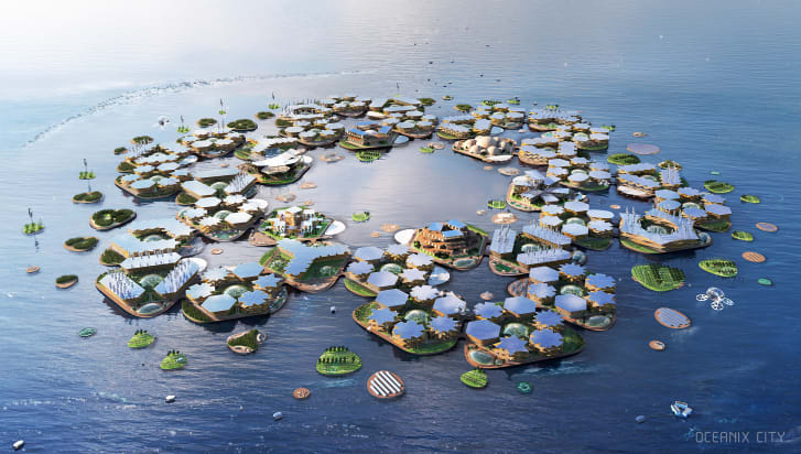 "Oceanix City": plano hexagonal e modular da metrópole oceânica diz ser adaptável, sustentável e anti-desastres naturais / Foto: Cortesia de CEANIX/BIG-Bjarke Ingels Group/Smithsonian