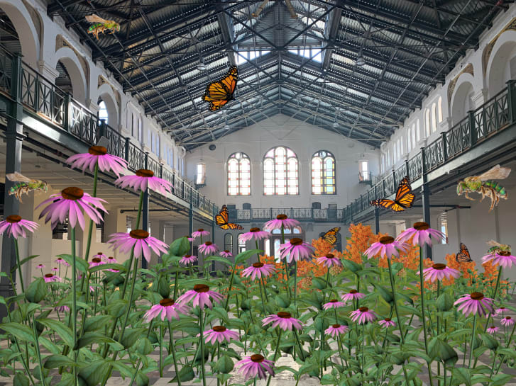 Um dos salões de exposição de Washington D.C. foi transformado em um habitat de flores silvestres / Foto: Cortesia de CEANIX/BIG-Bjarke Ingels Group/Smithsonian