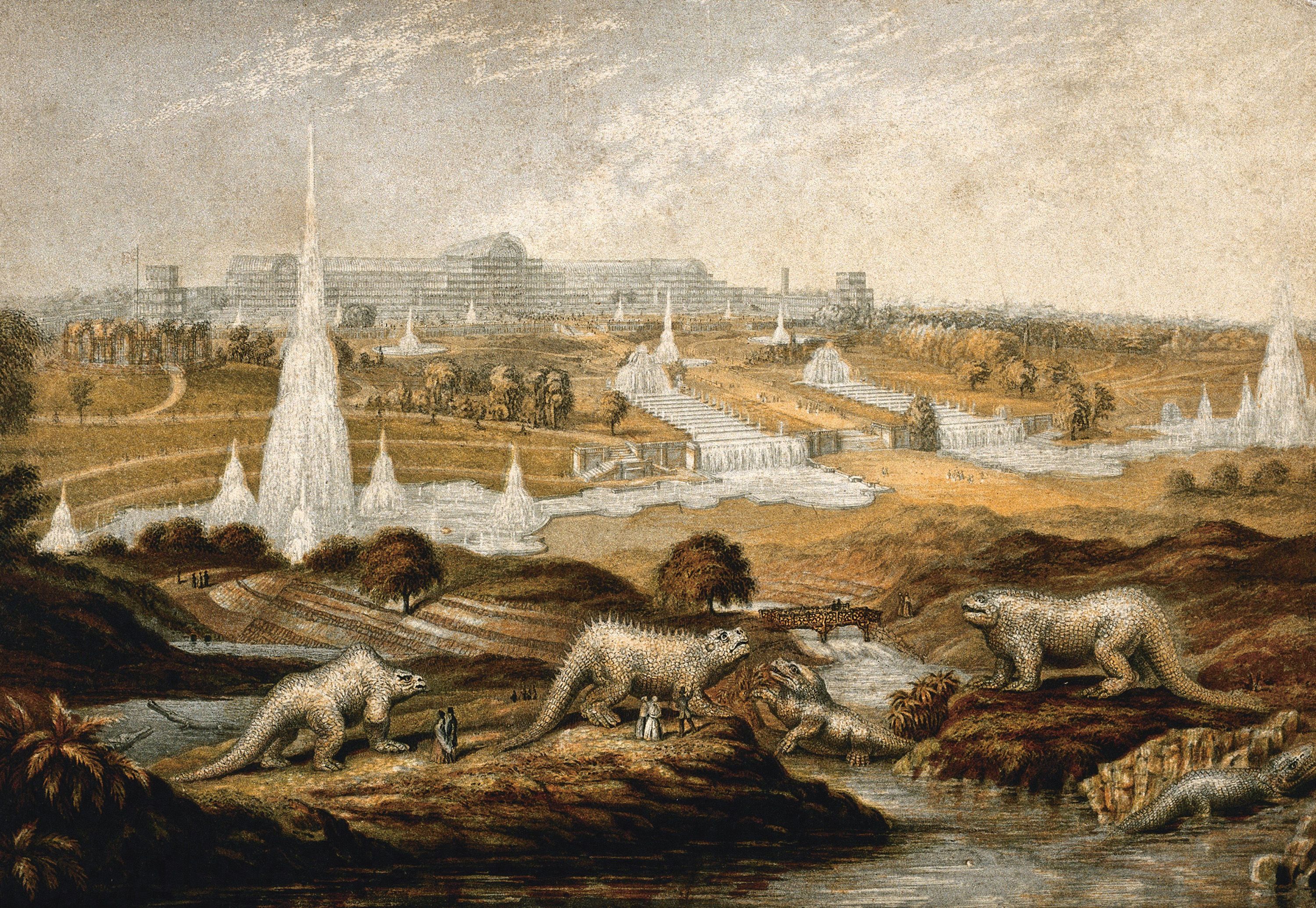 Vista da exposição Crystal Palace com as fantásticas reconstruções de dinossauros de Richard Owen em primeiro plano / Wellcome Collection