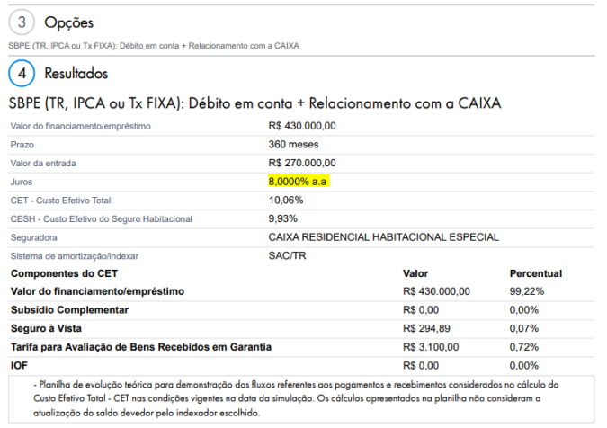 Simulações no site da Caixa mostra a taxas de novembro / Reprodução