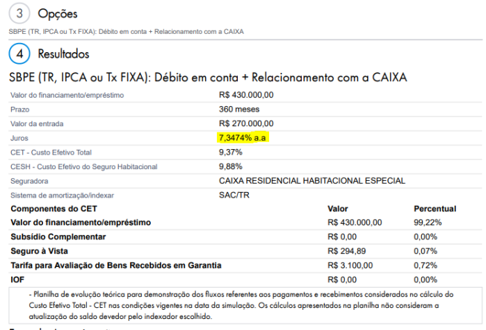 Simulações no site da Caixa mostra a taxas de outubro / Reprodução