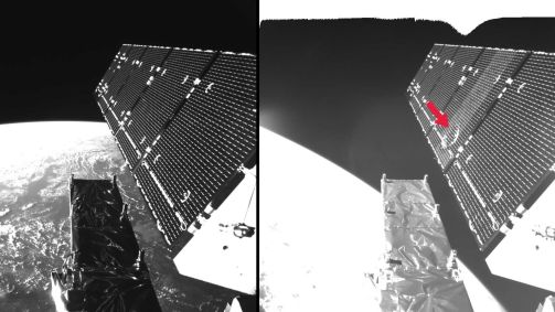 Um dos painéis solares do satélite Sentinel-1 antes (esquerda) e depois (direita) de ser atingido por uma partícula de lixo espacial. O detrito de menos de 5 milímetros gerou uma cratera de 40 centímetros de diâmetro