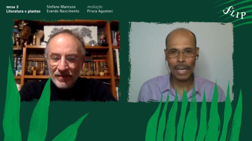 Stefano Mancuso e Evando Nascimento em mesa Literatura e Plantas na 19ª Flip / Reprodução/Fip