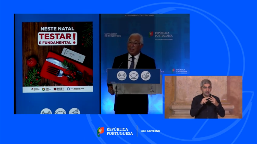 Primeiro-ministro português, António Costa, fez coletiva de imprensa, nesta terça (21), para anunciar restrições. / Governo Portugal / Reprodução