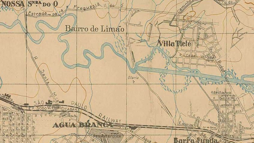 Mapa mostra trecho retificado e meandros do rio Tietê em 1924; em torno deles, e de meandros do Pinheiros e outros rios que cortam São Paulo, existiram centenas de campos de várzea / Instituto Geográfico e Cartográfico do Estado de São Paulo