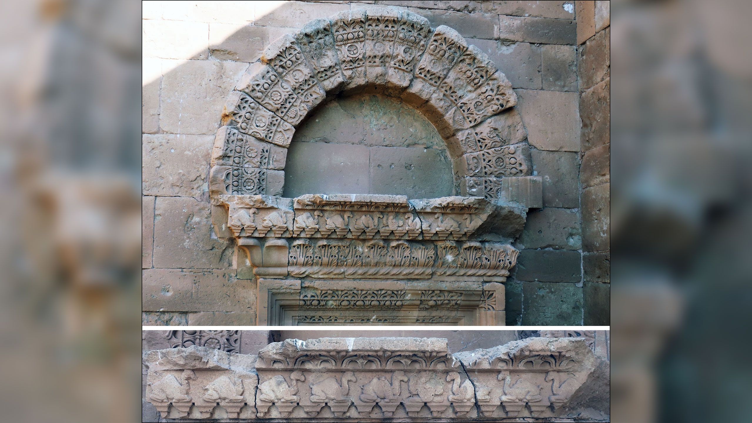 O friso do Templo de Allat contém oito dromedários e dois camelos híbridos / Reprodução / Antiquity Publications LTD/Aliph-Ismed Project at Hatra
