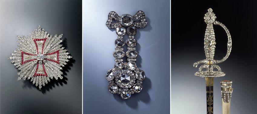 Entre as joias roubadas do museu "Green Vault", em Dresden, na Alemanha, estão uma estrela da Ordem Polonesa da Águia Branca (à esq.), um adorno de chapéu adornado com um diamante de 16 quilates e um punho de espada cravejado de diamantes / JÜRGEN KARPINSKI / GREEN VAUL, DRESDEN