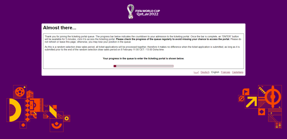 Mensagem apresentada pelo portal de ingressos da Fifa na fila de espera virtual. / FIFA / Reprodução