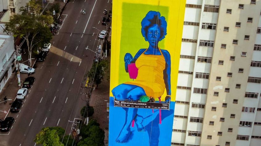 Obra de Kika Carvalho para o NaLata – Festival Internacional de Arte Urbana (2021) na avenida Pedroso de Morais, em Pinheiros, zona oeste de São Paulo / Divulgação