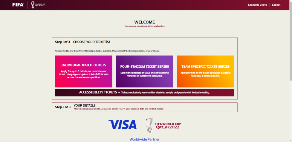 Pacotes de ingressos oferecidos para a Copa do Mundo do Catar no portal da Fifa. / Fifa / Reprodução