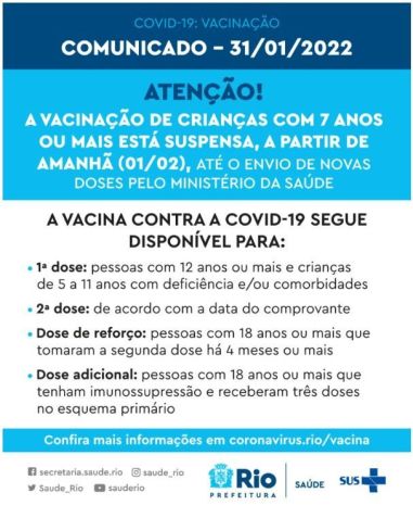 Comunicado anunciando suspensão da vacinação de crianças sem comorbidades contra a Covid-19 / Reprodução/Prefeitura do Rio de Janeiro