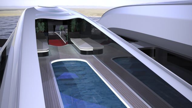 O convés central teria uma sala de estar espaçosa e uma piscina / Lazzarini