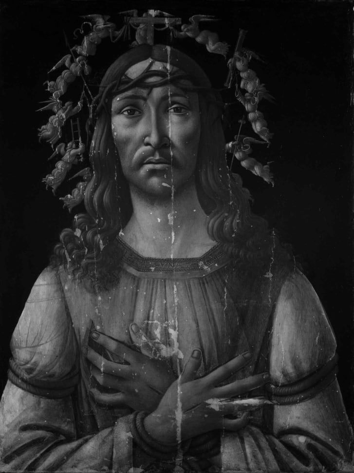 Uma imagem infravermelha de "Man of Sorrows" revela o contorno tênue de uma Madona e o Menino Jesus por baixo / Sotheby's