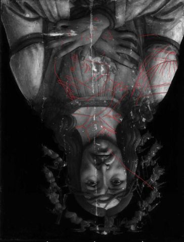 O contorno vermelho em uma imagem de cabeça para baixo da pintura mostra a Madona e o Menino Jesus embaixo / Sotheby's
