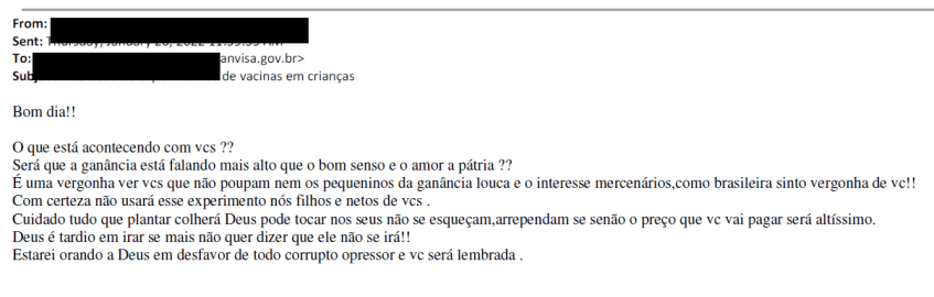 E-mail recebido por servidores da Anvisa após aprovação de vacina contra Covid-19 para crianças / Reprodução (20.01.2022)