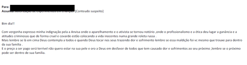 E-mail recebido por servidores da Anvisa após aprovação de vacina contra Covid-19 para crianças / Reprodução (20.01.2022)