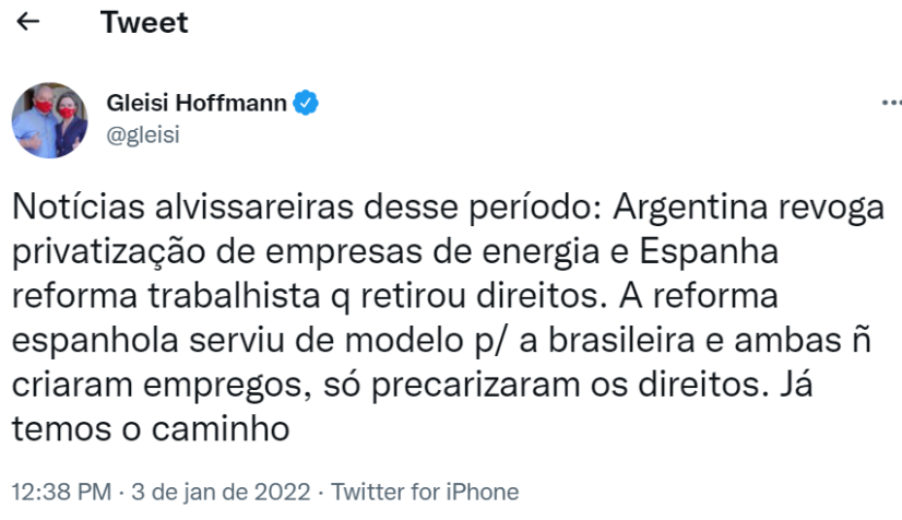Gleisi Hoffmann tuita sobre reforma trabalhista / Reprodução/Twitter