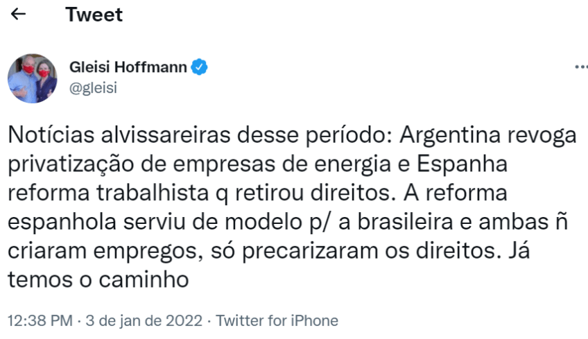 Gleisi Hoffmann tuita sobre reforma trabalhista / Reprodução/Twitter