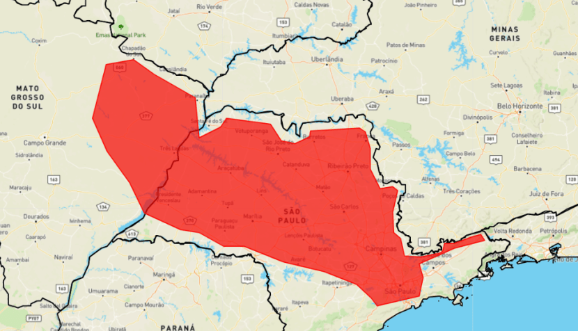 Mapa indica área vermelha como passível de "grande risco" pelas chuvas fortes previstas para esta segunda (31) / Reprodução/INMET