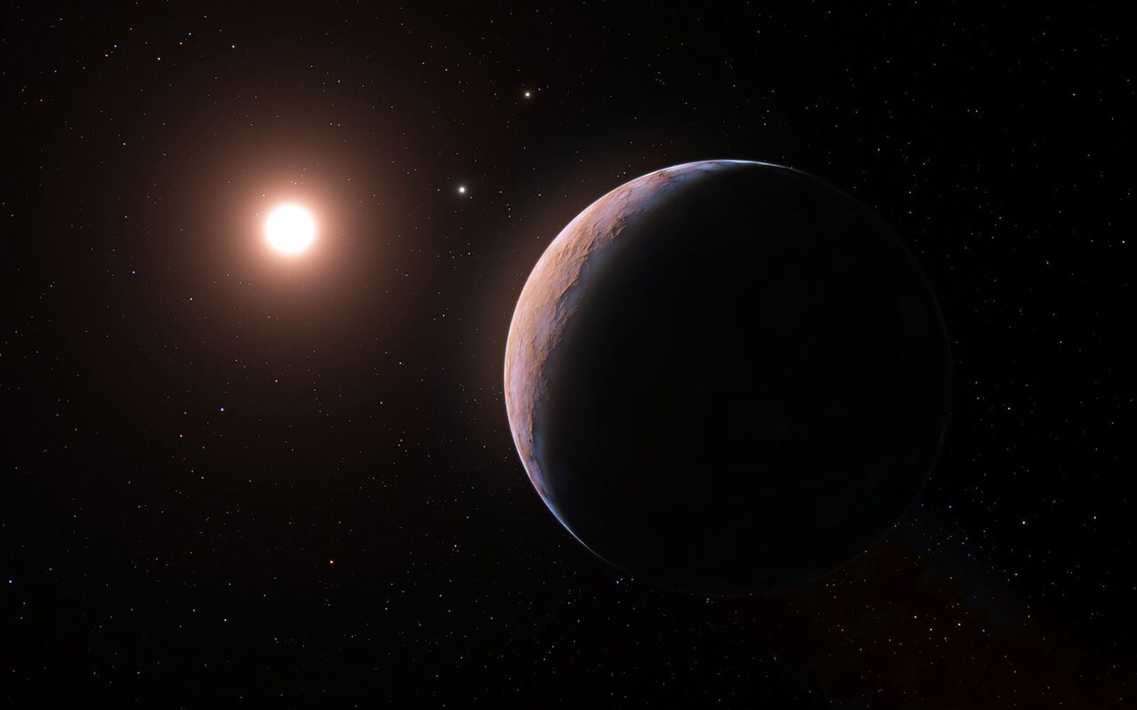 Esta ilustração mostra uma visão mais ampla de Proxima d (direita) enquanto orbita Proxima Centauri (esquerda). / ESO/L. Calçada