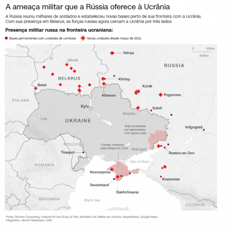 Posições militares com base em relatos de 11 de fevereiro de 2022, extensão da área controlada pelos separatistas com apoio da Rússia em 24 de janeiro de 2022. / CNN