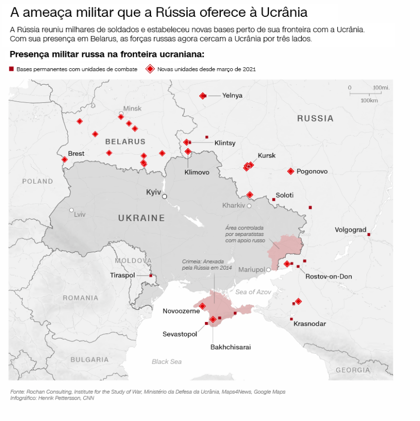 Posições militares com base em relatos de 11 de fevereiro de 2022, extensão da área controlada pelos separatistas com apoio da Rússia em 24 de janeiro de 2022. / CNN