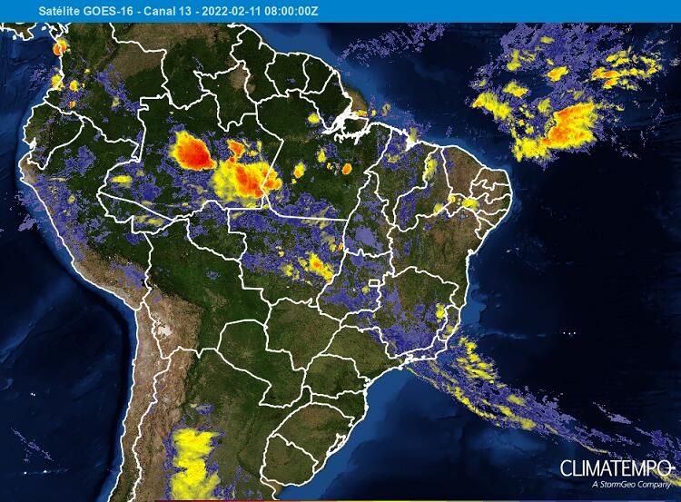 Imagem do satélite GOES 16 mostram corredor de umidade do Norte ao Sudeste. / Climatempo / Reprodução