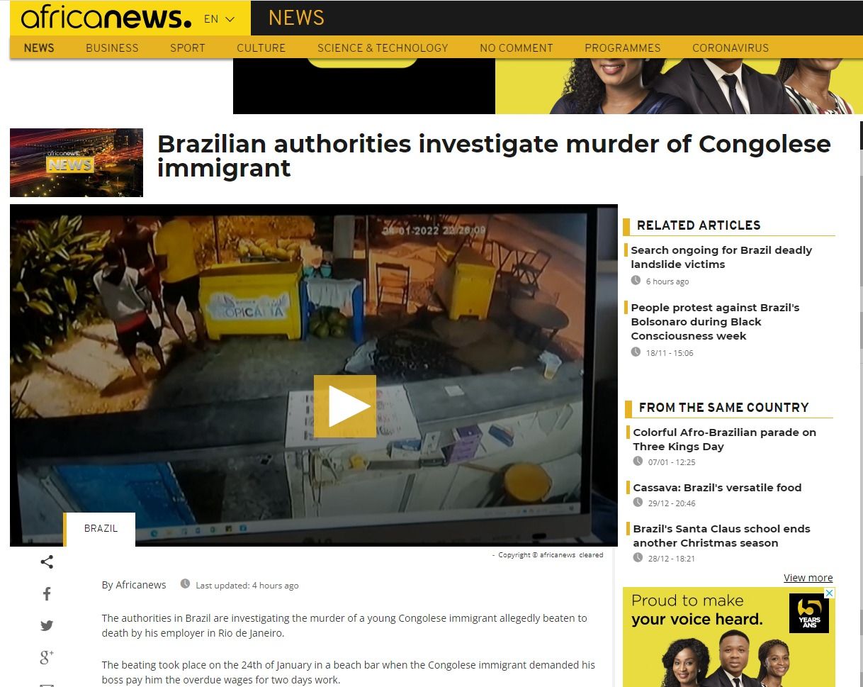 Portal Africanews repercute morte de congolês/ Reprodução/Internet
