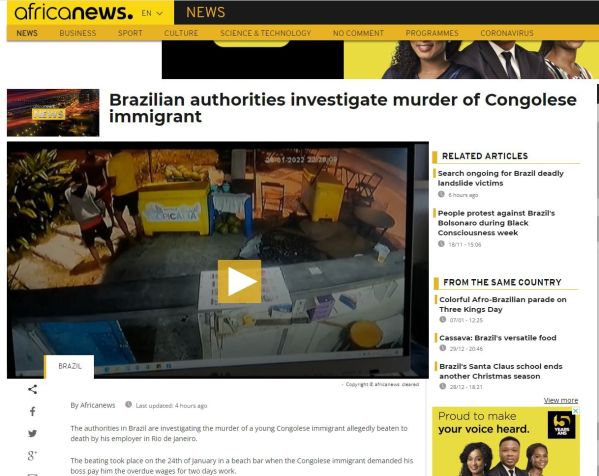 Portal Africanews repercute morte de congolês/ Reprodução/Internet