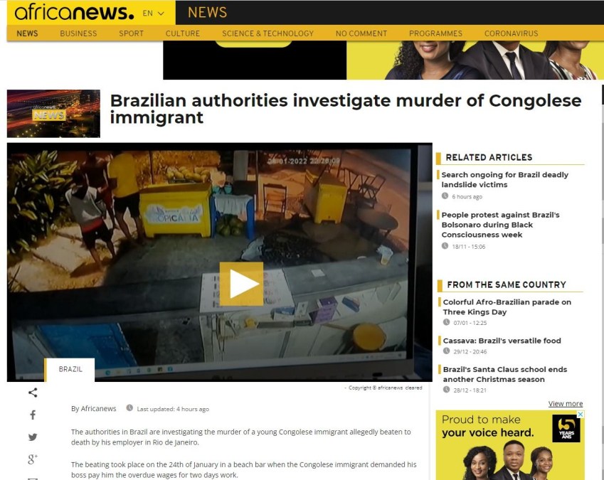 Portal Africanews repercute morte de congolês/ Reprodução/Internet