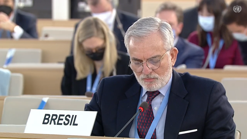 Embaixador brasileiro Tovar da Silva Nunes na sessão do Conselho de Direitos Humanos da ONU, nesta sexta-feira (4). / UN TV