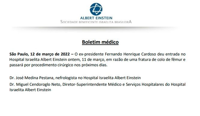 O boletim médico foi divulgado na tarde deste sábado, 12 de março/ Divulgação