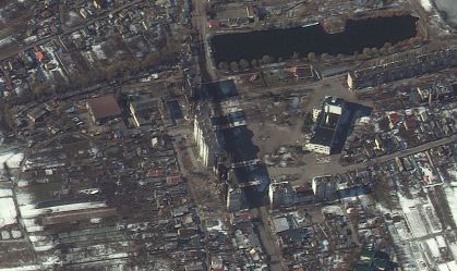 RUSSIANS INVADE UKRAINE -- MARCH 10, 2022:  03 Maxar satellite imagery of heavily damaged residential buildings in Borodyanka, Ukraine.  10march2022_wv2.   Please use: Satellite image (c) 2022 Maxar Technologies.