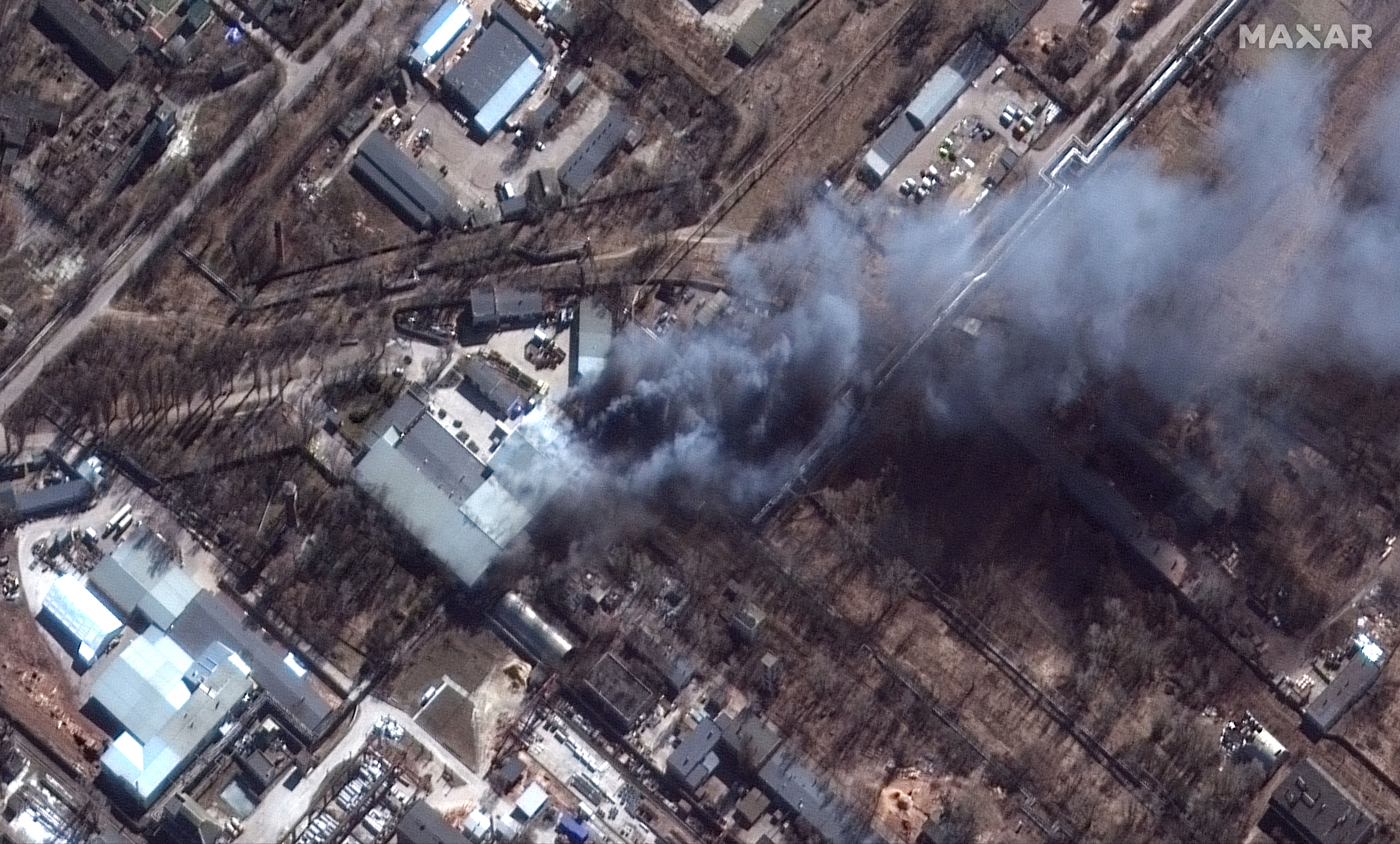RUSSIANS INVADE UKRAINE -- MARCH 10, 2022:  15 Maxar satellite imagery closeup of fires in Chernihiv, Ukraine.  10mar2022_wv2.   Please use: Satellite image (c) 2022 Maxar Technologies.