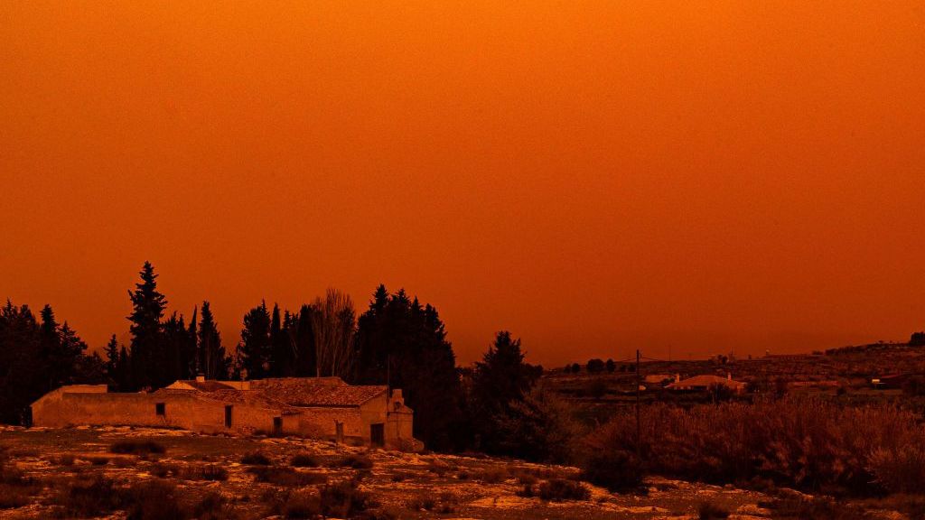 The Arrival Of Saharan Dust Stains The Sky Of Murcia With Red Color