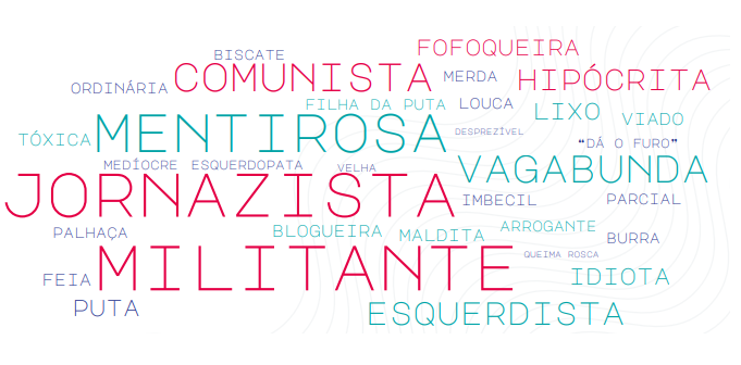 Nuvem de palavras mostra as principais ofensas direcionadas às jornalistas mulheres, segundo pesquisa / Abraji/Voces del Sur
