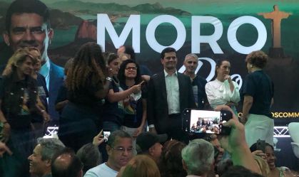 O ex-juiz Sergio Moro (Podemos) durante evento com apoiadores no Rio de Janeiro