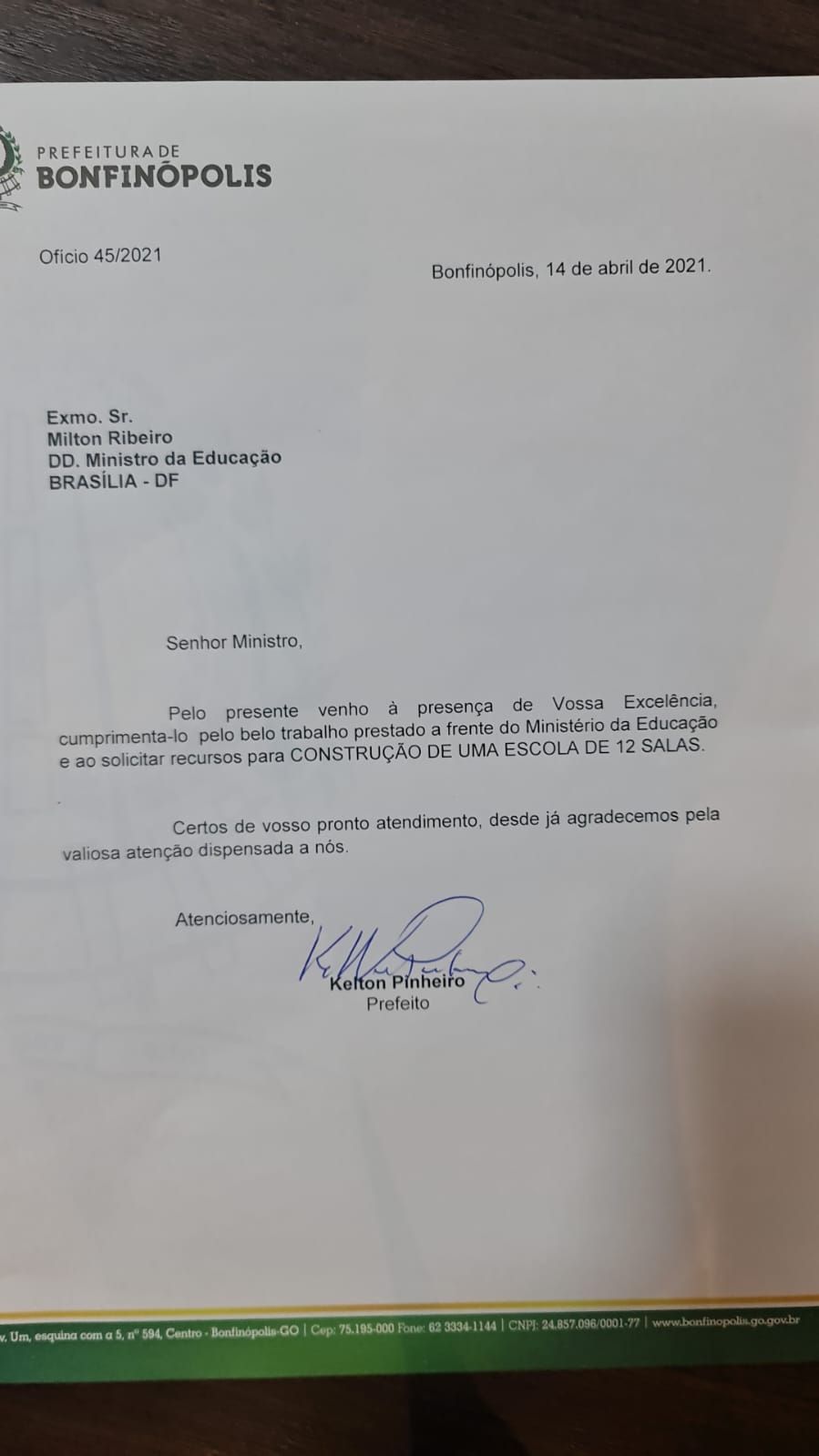 Ofício da prefeitura de Bonfinópolis / Reprodução