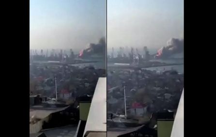 Vídeos de mídia social mostraram incêndios no cais com uma série de explosões secundárias no porto de Berdyansk.