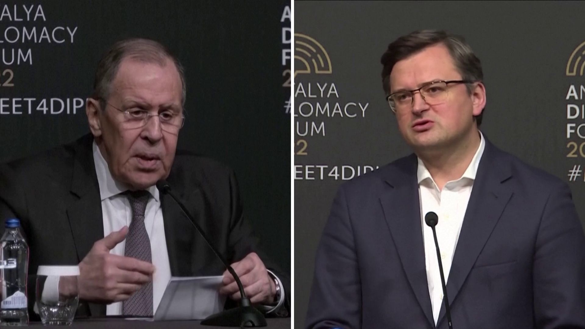 Ministros das Relações Exteriores da Rússia, Sergey Lavrov (E), e da Ucrânia, Dmytro Kuleba, nesta quinta-feira (10) em Antalya, na Turquia