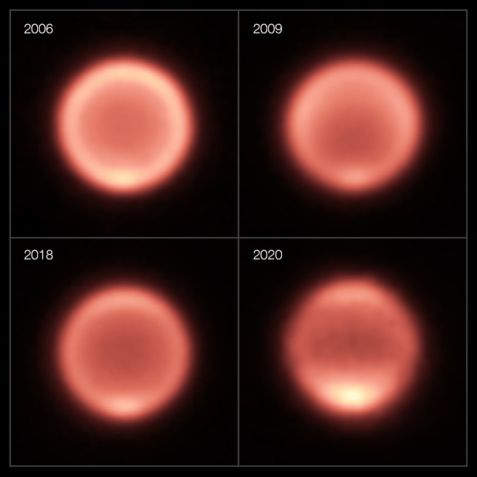 Brilho crescente pode ser visto no pólo sul de Netuno entre 2018 e 2020, indicando uma tendência de aquecimento. / ESO/M. Roman, NAOJ/Subaru/COMICS
