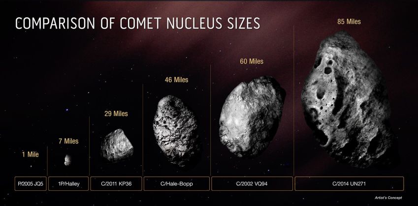 Este diagrama compara o tamanho do núcleo sólido e gelado do Cometa Bernardinelli-Bernstein com vários outros cometas. / Nasa/ESA,/Zena/Levy