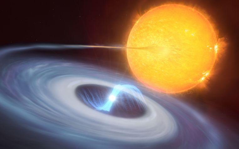 Esta ilustração mostra um sistema de duas estrelas. Um disco azul de material pode ser visto girando em torno de uma anã branca enquanto puxa o material para longe de uma estrela companheira / ESO/M. Kornmesser, L. Calçada