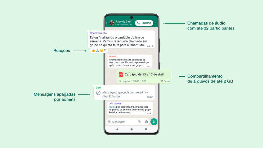 Novas atualizações do WhatsApp devem permitir interações com emoji, chamadas de áudio com até 32 participantes e mais / Divulgação / WhatsApp