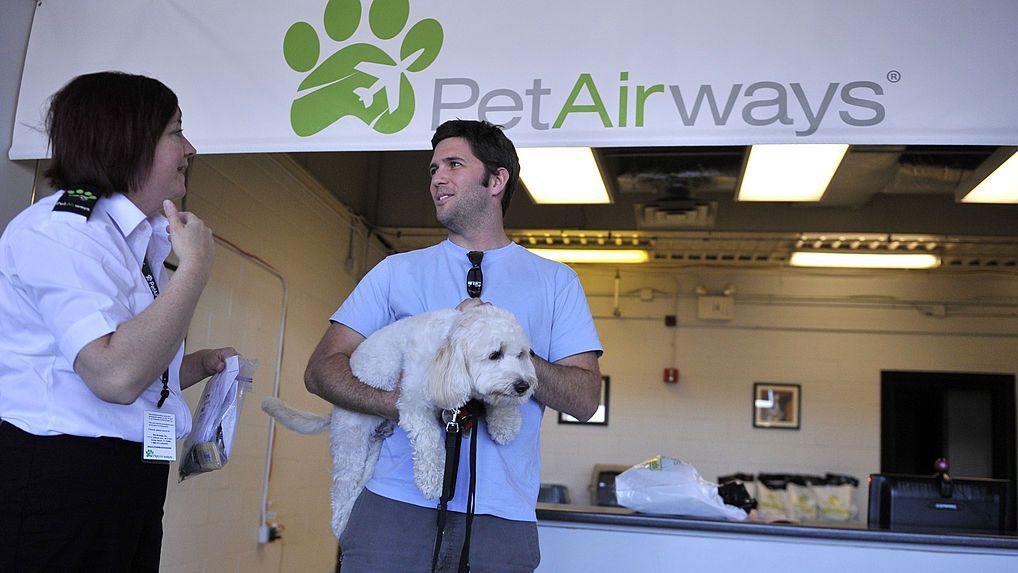 Brenda Moore (esquerda), da Pet Airways, conversa com Quinn Emmett enquanto ele pegava seu cachorro Teddy Williams no aeroporto BWI, em 13 de outubro de 2010 em Baltimore, Maryland (Foto de Mark Gail/The Washington Post via Getty Images) / The Washington Post via Getty Im
