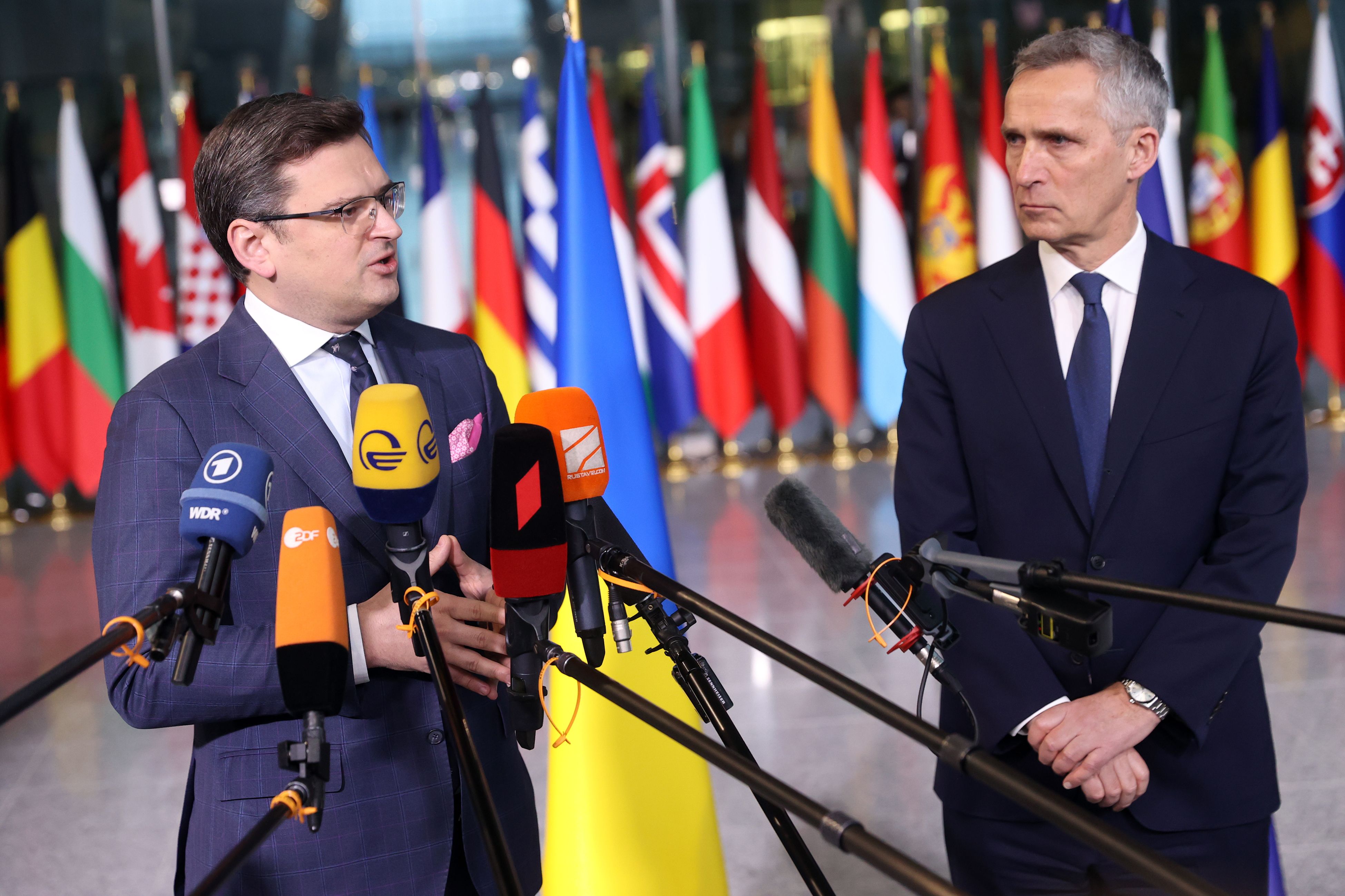 Ukraine's Foreign Minister Dmytro Kuleba and NATO Secretary General Jens Stoltenberg in Brussels