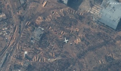 A satellite image shows empty revetments at Antonov Airport in Hostomel