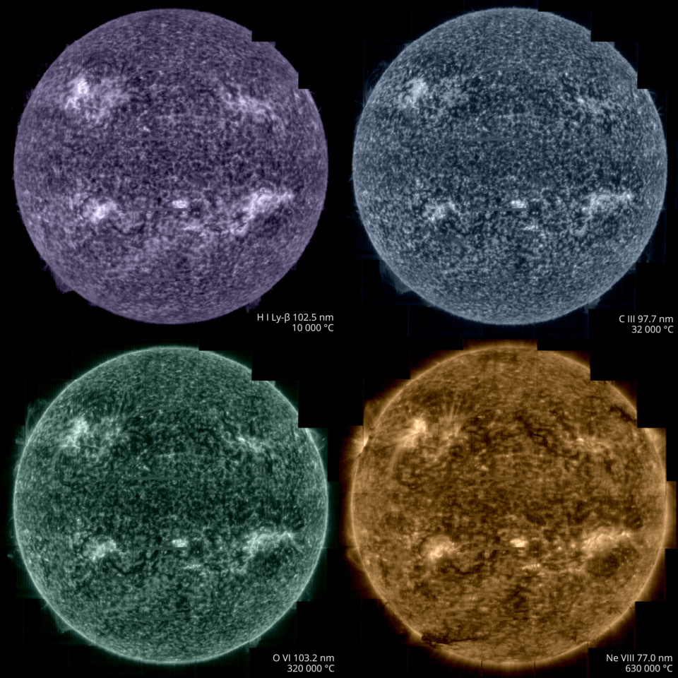 Cada imagem mostra pontos diferentes da atmosfera do Sol / ESA & NASA/Solar Orbiter/SPICE team; Data processing: G. Pelouze (IAS)