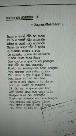 Letra de 'Posto em Sossego' / Arquivo pessoal
